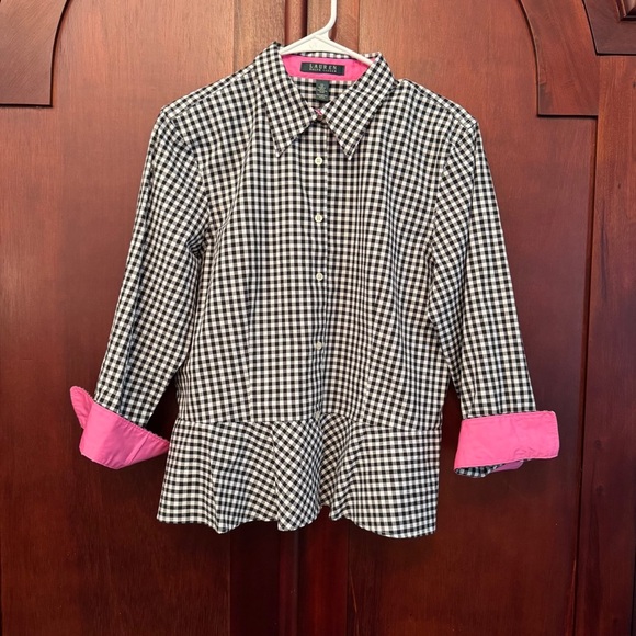 Lauren Ralph Lauren Tops - Lauren Ralph Lauren Black Gingham Flip Cuff Peplum Hem Button Up Shirt Size 12
